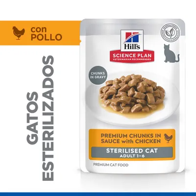 Hill's Science Plan Trozos Premium en Salsa con Pollo, gato adulto esterilizado 1-6, para gatos esterilizados con pollo, trozos en salsa, alimento premium para gatos.