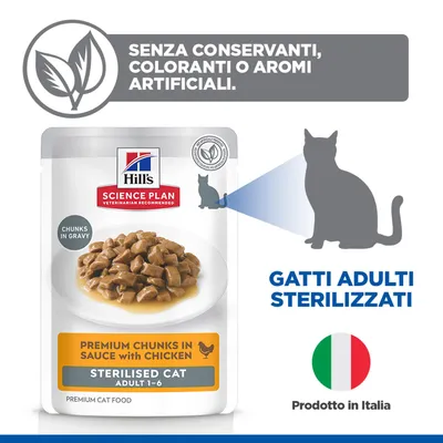 Hill's Science Plan Premium Chunks in Sauce con pollo per gatti adulti sterilizzati, senza conservanti, coloranti o aromi artificiali. Prodotto in Italia. Hill's Science Plan Premium Chunks in Sauce con pollo per gatti adulti sterilizzati, senza conservanti, coloranti o aromi artificiali. Prodotto in Italia.