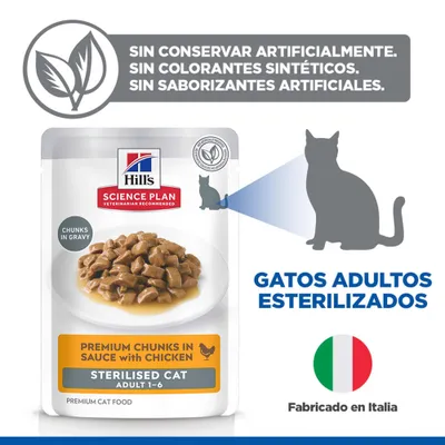 Hill's Science Plan Trozos Premium en salsa con pollo para gatos adultos esterilizados, sin conservantes, colorantes ni aromas artificiales, elaborado en Italia.