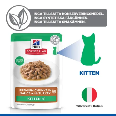 Hill's Science Plan Premiumbitar i sås med kalkon för kattungar, utan tillsatta konserveringsmedel, färgämnen eller smakämnen, tillverkad i Italien.