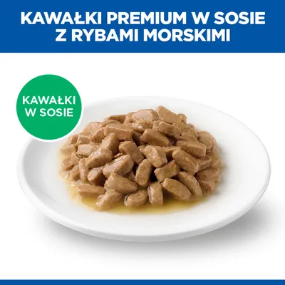 Talerz z kawałkami premium w sosie, kawałki premium w sosie z rybami morskimi, kawałki w sosie. Talerz z kawałkami premium w sosie, kawałki premium w sosie z rybami morskimi, kawałki w sosie.