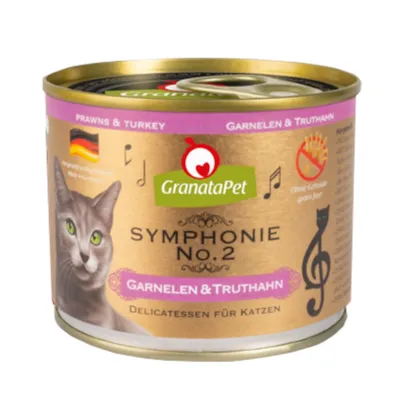 Scatoletta GranataPet Symphonie No.2 per gatti, gusto gamberetti e tacchino, senza cereali, testo visibile: 'Delicatessen für Katzen', immagine di un gatto sul fronte.