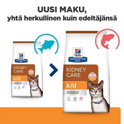 Hill's Prescription Diet Kidney Care k/d kissanruoka, uusi design ja maku, kaksi pakkausta vertailussa, Teksti: UUSI MAKU, yhtä herkullinen kuin edeltäjänsä. Hill's Prescription Diet Kidney Care k/d kissanruoka, uusi design ja maku, kaksi pakkausta vertailussa, Teksti: UUSI MAKU, yhtä herkullinen kuin edeltäjänsä.