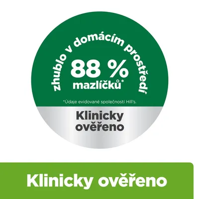88 % domácích zvířat zhublo doma. Klinicky ověřeno podle Hill’s. Text v češtině: Klinicky ověřeno.