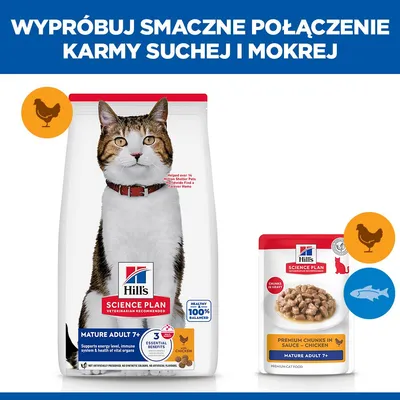 Hill's Science Plan Mature Adult 7+ karma sucha i mokra z kurczakiem dla kotów, połączenie dwóch rodzajów karmy, zdjęcia produktu oraz ikony kurczaka i ryby. Hill's Science Plan Mature Adult 7+ karma sucha i mokra z kurczakiem dla kotów, połączenie dwóch rodzajów karmy, zdjęcia produktu oraz ikony kurczaka i ryby.