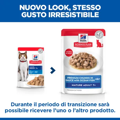 Hill's Science Plan Mature Adult 7+ con pesce oceanico, nuovo e vecchio design della confezione. Durante la fase di transizione può essere consegnato uno dei due design.