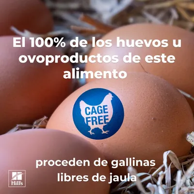 El 100% de los huevos o productos derivados del huevo en este alimento provienen de gallinas criadas fuera de jaulas. Cage Free.