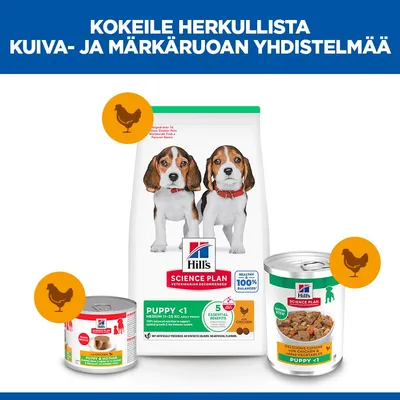 Hill's Science Plan Puppy <1 Kuiva- ja märkäruoka kanalla, kuvat ruokapusseista ja säilykkeistä, huomautus kuiva- ja märkäruoan yhdistämisestä.