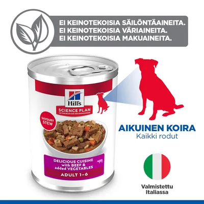 Hill's Science Plan Savoury Stew naudalla ja vihanneksilla, Adult 1-6. Ei keinotekoisia säilöntä-, väri- tai makuaineita. Valmistettu Italiassa. Kaikkien rotujen aikuisille koirille. Hill's Science Plan Savoury Stew naudalla ja vihanneksilla, Adult 1-6. Ei keinotekoisia säilöntä-, väri- tai makuaineita. Valmistettu Italiassa. Kaikkien rotujen aikuisille koirille.