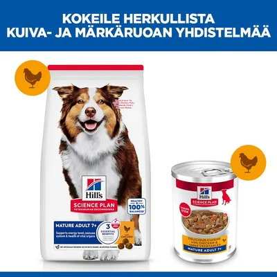 Hill's Science Plan Mature Adult 7+ kuiva- ja märkäruoka kanalla, kuva ruokapussista ja purkista, maininta 100 % tasapainoisesta koostumuksesta ja 3 olennaisesta hyödystä. Hill's Science Plan Mature Adult 7+ kuiva- ja märkäruoka kanalla, kuva ruokapussista ja purkista, maininta 100 % tasapainoisesta koostumuksesta ja 3 olennaisesta hyödystä.