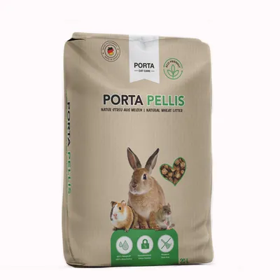 Embalagem de 20 L de Porta Pellis Natural Wheat Litter com imagens de coelho, cobaia e rato. Texto visível: 400% Absorção, Controlo de odores, Sem pó. Selo Eco Friendly.