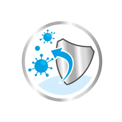 Pictogram met zilverkleurig schild, blauwe virussymbolen en een blauwe pijl. Geen tekst zichtbaar.