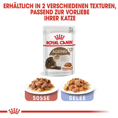 Royal Canin Ageing 12+ Katzenfutter, erhältlich in zwei Texturen: Sosse und Gelee. Verpackung zeigt Produkt für ältere Katzen ab 12 Jahren.
