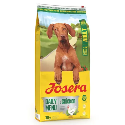Josera Daily Menu mit Chicken, Adult, All Sizes, Sensitive, 76% tierisches Protein, mit Huhn. Verpackung zeigt Hund und Huhn. Josera Daily Menu mit Chicken, Adult, All Sizes, Sensitive, 76% tierisches Protein, mit Huhn. Verpackung zeigt Hund und Huhn.