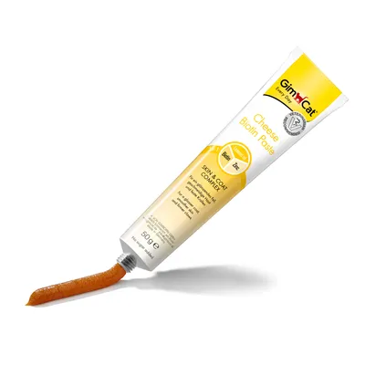 Tube GimCat Cheese Biotin Paste 50 g, texte visible : Skin & Coat Complex, pour pelage brillant, sans sucre ajouté, recommandé par vétérinaires. Pâte orange sortant du tube.