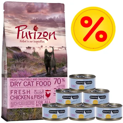 Purizon Dry Cat Food 400 g, text: 70 % meat & fish, Fresh Chicken & Fish, vedle šest konzerv Cosma Nature Kitten Chicken, žlutý symbol procenta vpravo nahoře.