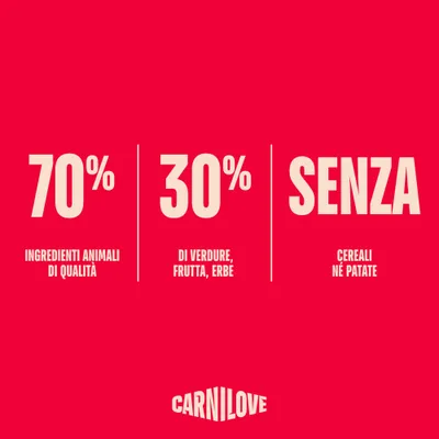 Carnilove: 70% ingredienti animali di alta qualità, 30% verdure, frutta, erbe, senza cereali e patate.