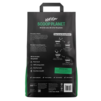 Bag showing instructions for use: pour in, scoop out clumps, top up to maintain depth, and clean tray monthly. Highlights plant-based, biodegradable, odour-eliminating, fast-clumping features.