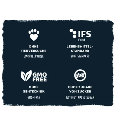 Ohne Tierversuche #crueltyfree, IFS Food Lebensmittelstandard, GMO free ohne Gentechnik, ohne Zugabe von Zucker without added sugar. Ohne Tierversuche #crueltyfree, IFS Food Lebensmittelstandard, GMO free ohne Gentechnik, ohne Zugabe von Zucker without added sugar.