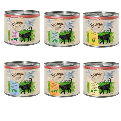 Feringa Classic Meat -kissanruokapurkit: Lammas & nauta, kani & kalkkuna, siipikarja, lohi & kalkkuna, ankka & nauta, kana & vasikka. 200 g purkit, ADULT-merkintä näkyvissä.