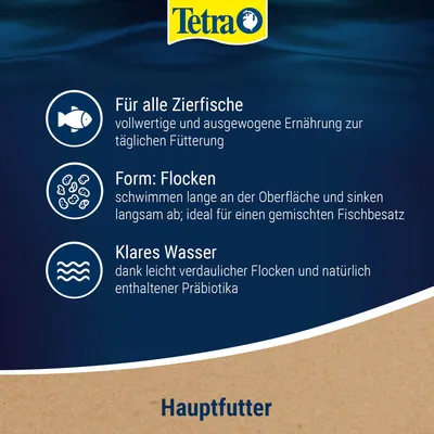 Tetra Hauptfutter für alle Zierfische. Vollwertige Ernährung, Flockenform schwimmt und sinkt langsam, fördert klares Wasser durch Präbiotika.