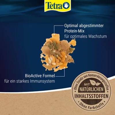 Tetra. Optimal abgestimmter Protein-Mix für optimales Wachstum, BioActive Formel für ein starkes Immunsystem, mit natürlichen Inhaltsstoffen ohne Zusatz von Konservierungsstoffen und Farbstoffen.