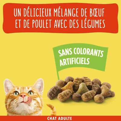 Un délicieux mélange de bœuf et de poulet avec des légumes, sans colorants artificiels, croquettes pour chat adulte visibles, texte Chat Adulte en bas.
