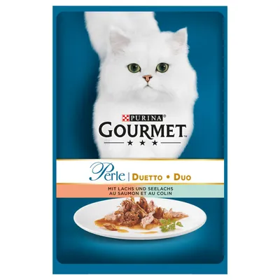 Purina Gourmet Perle Duetto Duo cat food pouch, image of white cat, plate with chunks in sauce, visible text: mit lachs und seelachs au saumon et au colin