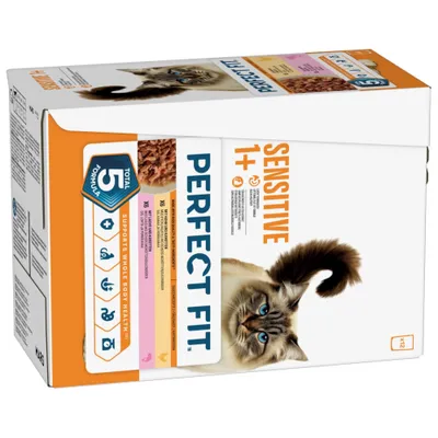 Perfect Fit Sensitive 1+ Cat Food, pack of 12. With chicken and carrots, with salmon and carrots. Total 5 Formula for holistic health. Perfect Fit Sensitive 1+ Cat Food, pack of 12. With chicken and carrots, with salmon and carrots. Total 5 Formula for holistic health.