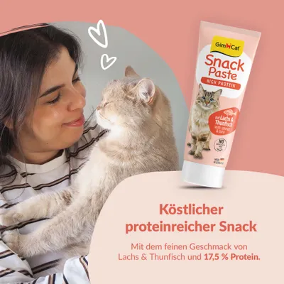 GimCat Snack Paste High Protein mit Lachs & Thunfisch, 17,5% Protein. Köstlicher proteinreicher Snack. Mit dem feinen Geschmack von Lachs & Thunfisch.