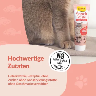 GimCat Snack Paste High Protein mit Lachs und Thunfisch. Hochwertige Zutaten: getreidefreie Rezeptur, ohne Zucker, ohne Konservierungsstoffe, ohne Geschmacksverstärker.