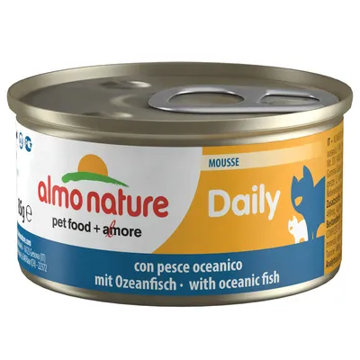 Konzerva almo nature Daily Mousse, pet food + amore, s nápisem con pesce oceanico, mit Ozeanfisch, with oceanic fish. Objem 85 g.