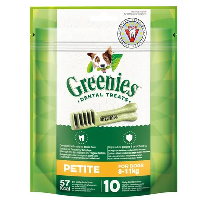 Greenies Dental Treats Petite für Hunde 8-11kg, 10 Stück, 57 kcal pro täglichem Zahnpflegesnack. Entwickelt mit Tierärzten zur Zahnpflege, hilft Plaque und Zahnstein zu reduzieren.