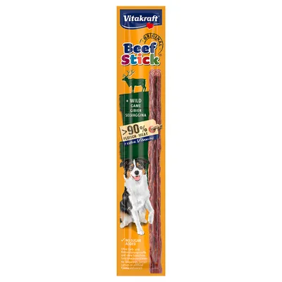 Vitakraft Beef Stick Original met wild, meer dan 90% vleesgehalte, extra vitamines, zonder toegevoegde suiker, geen kleur- of conserveermiddelen. Verpakking toont hond en product.