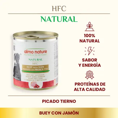 Lata de almo nature HFC Natural buey con jamón. Texto visible: 100% natural, sabor y energía, proteínas de alta calidad, picado tierno, buey con jamón.