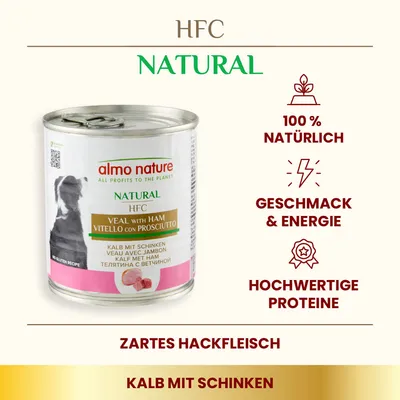 Almo Nature HFC Natural Kalb mit Schinken. 100% natürlich, Geschmack & Energie, hochwertige Proteine. Zartes Hackfleisch.