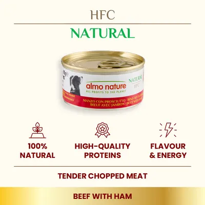 almo nature HFC Natural beef with ham 95g tin. Text: 100% natural, high-quality proteins, flavour & energy, tender chopped meat, beef with ham. All profits to the planet.