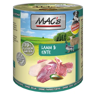 MAC's Lamm & Ente, 70% Fleischanteil, Getreidefrei, Made in Germany. Conservă cu carne de miel și rață, fără soia, fără coloranți, imagine cu carne crudă, oaie și rață.