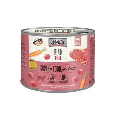 MAC's Rind Beef Super Food for Cats natvoer voor volwassen katten, afbeelding van rundvlees, wortel en olie, tekst: 'Made in Germany', 'Grainfree', 'High Meat Content'.
