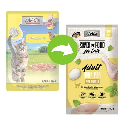 Смяна на опаковката на MAC's Huhnchen Pur/Adult Huhn Pur Pure Chicken за котки, 100 г. Видими са старата и новата опаковка с надписи: Made in Germany, Grain Free, Super Food for Cats.