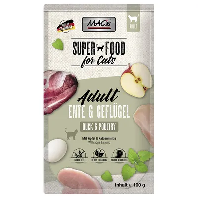 MAC's Superfood for Cats Adult duck & poultry, with apple and catnip, grain-free, herbs + vitamins, high meat content. Content: 100g. Made in Germany.