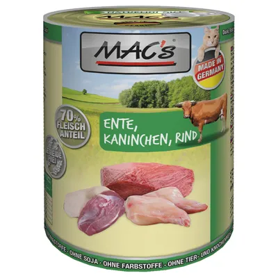 MAC's kattenvoer blik, 70% Fleischanteil, getreidefrei, smaken: eend, konijn, rund. Made in Germany. Zonder soja, kleurstoffen, dier- en beendermeel.