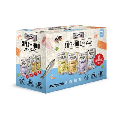 MAC's Super Food for Cats multipack with fish, 12 pouches. Made in Germany, grain-free, herbs & vitamins, high meat content.