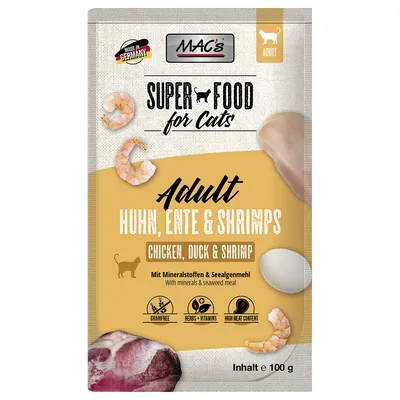 MAC's Super Food for Cats Adult, chicken, duck & shrimps. With minerals & seaweed meal. Grainfree, herbs & vitamins, high meat content. Content: 100g. Made in Germany.
