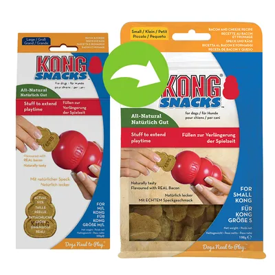 KONG Snacks til hunde. Naturlige ingredienser. Med ægte baconsmag. Til lille KONG størrelse S. Til fyldning for længere leg. Nettovægt: 198g.