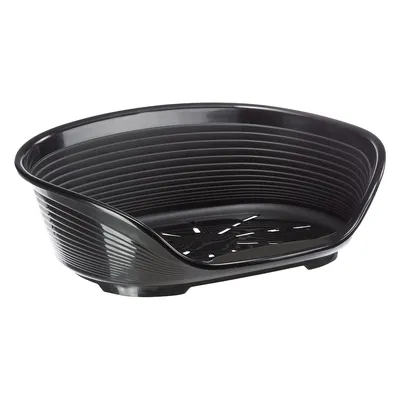 Black plastic pet bed with ventilation slots in the base and raised edge.