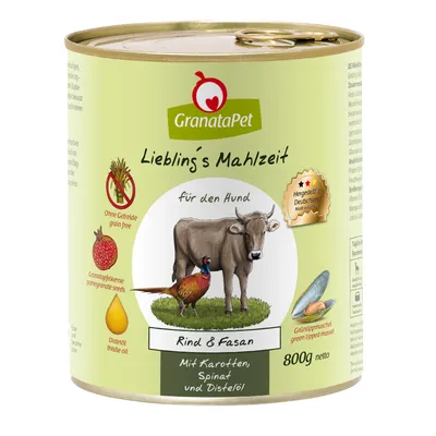 Konzerva GranataPet Liebling's Mahlzeit Rind & Fasan pro psy, 800g. Bez obilovin, s granátovým jablkem, ostropestřcovým olejem, mrkví, špenátem. Vyrobeno v Německu.