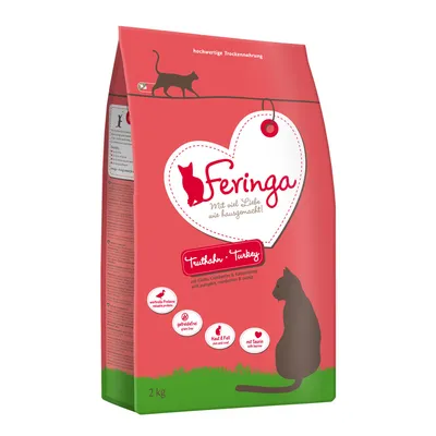 Pienso seco para gatos Feringa, sabor pavo. Texto visible: 'Mit viel Liebe wie hausgemacht', 'getreidefrei', 'Haut & Fell', 'mit Taurin'. Peso: 2 kg.