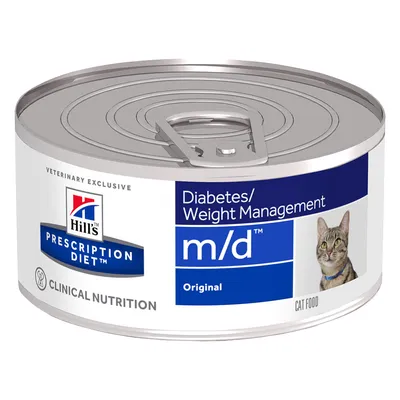 Hill's Prescription Diet m/d Original Diabetes/Weight Management kattmat, burk med bild på katt och texten Clinical Nutrition, Veterinary Exclusive.