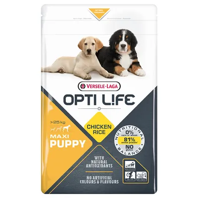 Versele-Laga Opti Life Maxi Puppy Chicken Rice, >25kg, with natural antioxidants, no artificial colours or flavours, 81% animal protein, gluten-free.